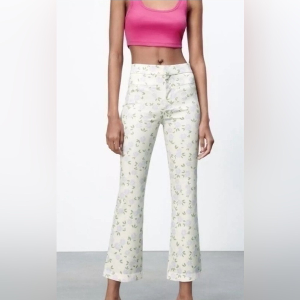 Zara Y2K Floral Purple and Cream Wide Leg Pants NWOT - Picture 1 of 8